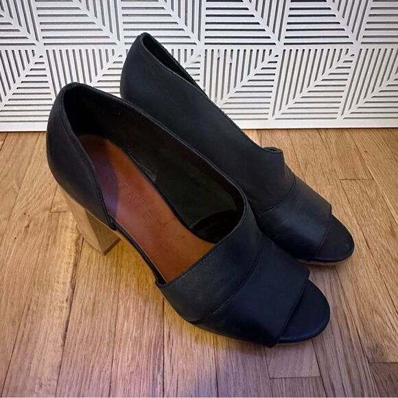 1. STATE AMBLE D'ORSAY STYLE OPEN TOE WOODEN BLOCK HEEL LEATHER OPEN TOE PUMP - Picture 4 of 9